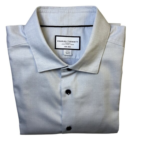 Charles Tyrwhitt Mens Slim Fit Non-Iron Dress Shirt Blue Dot 17.5/36 XL 44/91cm - Picture 10 of 11
